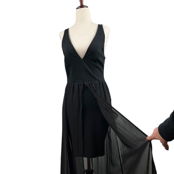 Vintage 90s J for Justify Black Deep V Mini Dress with Sheet Maxi Skirt Layered - Picture 3 of 13